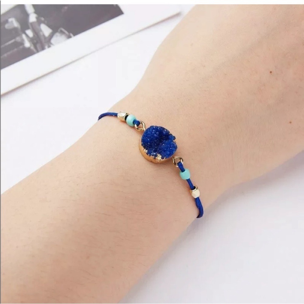 Sapphire Blue & Gold Wish Druzy Stone Adjustable Boho Beaded Bracelet Gift -New